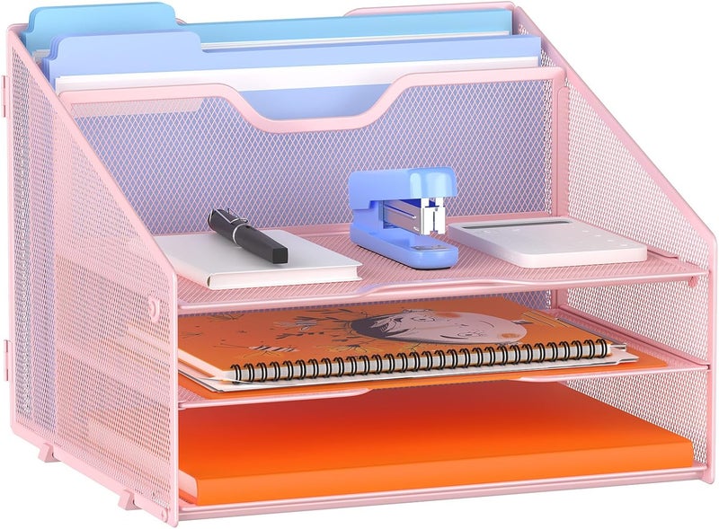 Gawerk Letter Tray Organizer, Mesh Desk File Organizer with 3 Paper Trays and 2 Vertical Upright Section (Pink) - Image 1